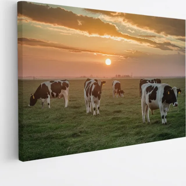 Saammp Canvas Schilderij - 4 Koeien met mooie lucht - Natuur - nederland - 90x60 - Foto op canvas - Wanddecoratie - Muurdecoratie Woonkamer - Slaapkamer decoratie - Canvas Print Multicolor