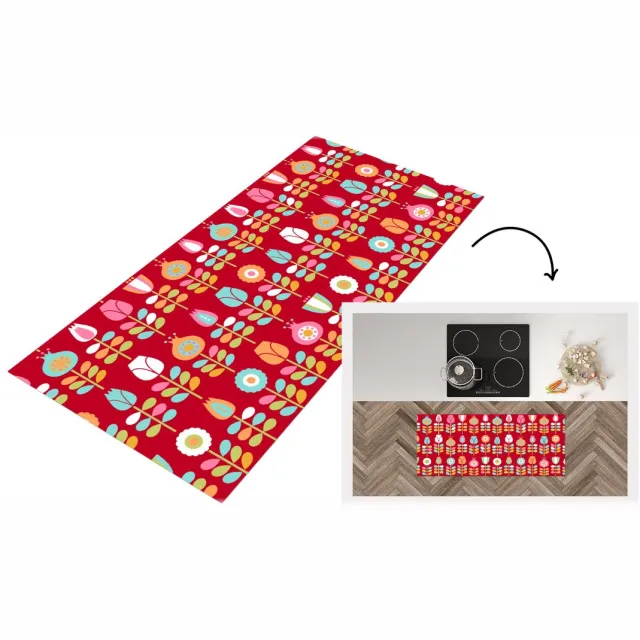 KitchenYeah Keukenloper 120x50 cm - Keukenmat vinyl Patronen - Bloemen - Retro - Rood - Keukenmatten loper - Keuken vloerkleed tapijt