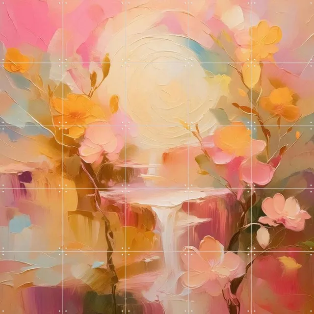 IXXI Whispers of Blossom, Moonheart Artworks - 100 x 100 cm - Grote wanddecoratie en posters - Kleurrijk, Olieverf, Kwaststreken, Gang, Slaapkamer Roze / Geel