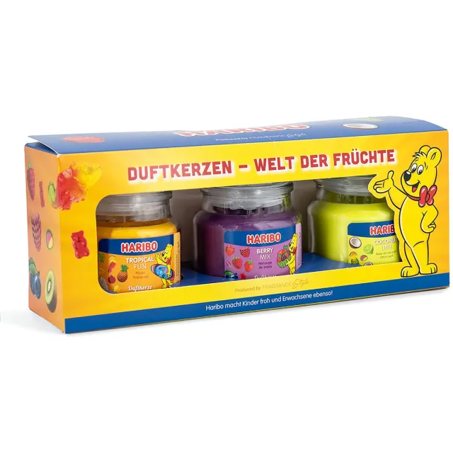 Haribo Berry Mix, Coconut Lime, Tropical Fun -geurkaarsen Cadeauset - 3x 85g donkerrood
