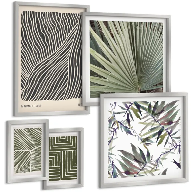 TULUP 4-Delige Schilderij Set - Plantenpatronen in een minimalistische stijl voor interieurs - 50 x 50 cm, 20 x 30 cm en 40 x 60 cm - Stijlvolle Wanddecoratie - Interieur - Interieur Decoratie Zilveren lijst