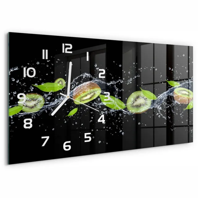 TULUP Wandklok - Kiwi en water Glazen Klok Met Print - 60x30 cm - Groente Wandklok Glas Met Motief - Witte handen - Rechthoekige Klok - Wandklok Glas Decoratie - Gekleurde Glazen Klok
