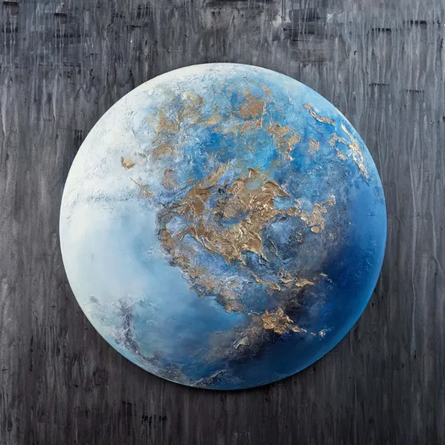 YS Canvas schilderij 100x100 cm handgeschilderd Neptunus planeet kosmisch – YS-Art Gallery – Mysterieuze wanddecoratie voor woonkamer – Modern schilderij voor slaapkamer Round