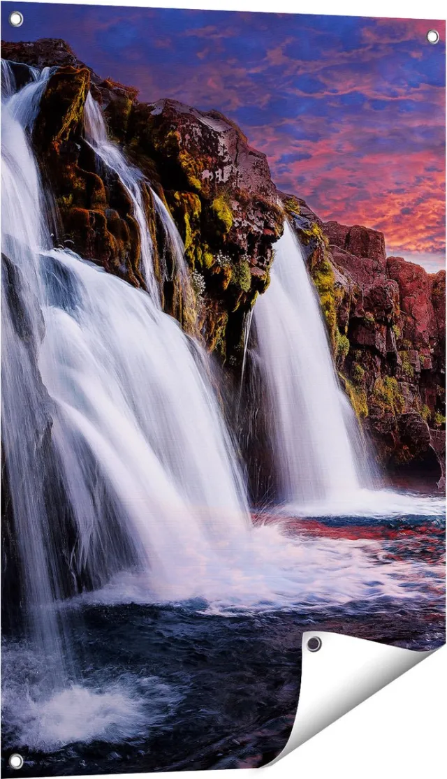 Gards Tuinposter Waterval bij een Berg - 60x90 cm - Tuindoek - Tuindecoratie - Wanddecoratie buiten - Tuinschilderij Multikleur