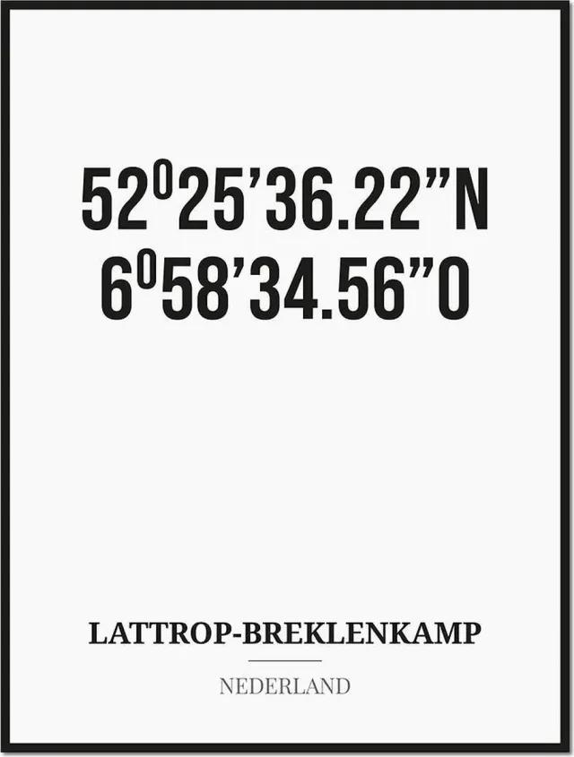 Studio216 Poster/kaart LATTROP-BREKLENKAMP met coördinaten zwart, wit