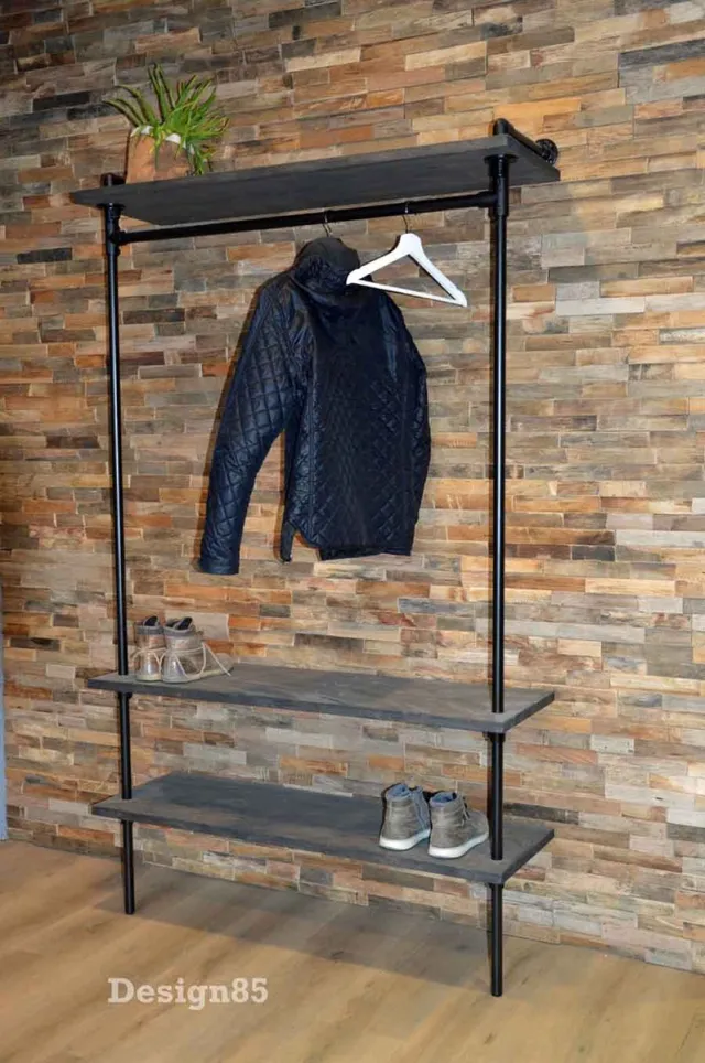 Design85 Industriële Wandkapstok – Steigerbuis Kapstok van Hout & Zwart Staal – Design85