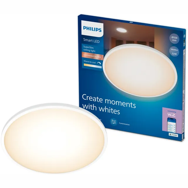 Philips Smart Lighting - SuperSlim Plafondlamp - Warm- tot koelwit licht - Dimbaar - Diameter: 55cm - Wit - 32W - Rond - Werkt met de WiZ app - Wifi