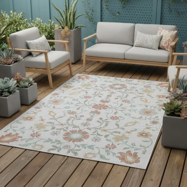 TapisTrend Buiten- en terraskleden Crème 200x290 cm Crèmekleurig vintage vloerkleed met bloemenprint, geschikt voor binnen en, bijvoorbeeld in de woonkamer, op het terras Beige