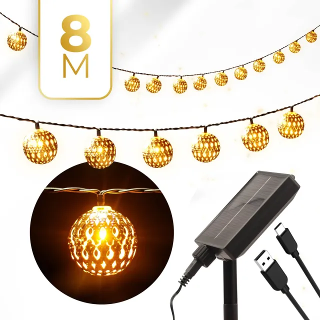 KENN Marrakech Lichtsnoer op Zonne-energie – 50 LED's – 8 Meter Lang – Solar & USB Oplaadbaar – Lichtsnoer Buiten & Binnen – 12+ Branduren – Lichtslang Buiten – Lichtslinger Buiten – Sfeerverlichting Tuin – Buitenverlichting – Warm Wit – Goud