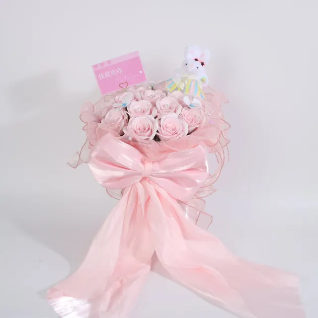 La Roselle Amsterdam Roze Rozenboeket met Knuffel Konijntje Kunstbloemen cadeauverpakking. Gedecoreerd met strik, decoratieve bloemen, parels