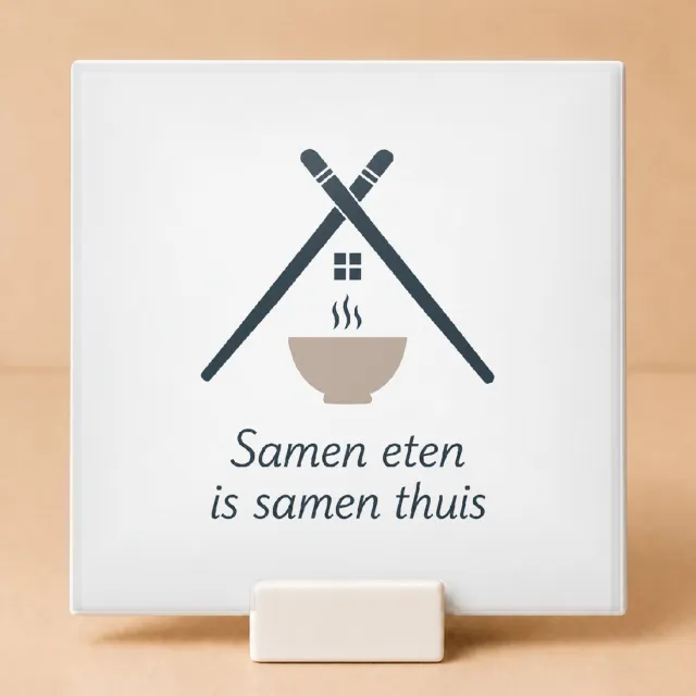Bedruk King Vereenvoudigde vintage botanische Tegel "Samen eten is samen thuis" – Sfeervolle decoratie voor huiselijke gezelligheid - 15 x 15 cm met houder Wit