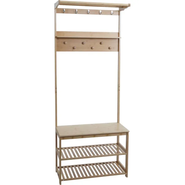 MCW Bamboe kapstok MCW-N82, kapstok schoenenrek bank schoenenbank, kapstokhaken MVG 170x70x31cm bruin