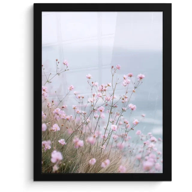 FrameYourWall Poster in lijst - Fotolijst 30x40 cm - Posters - Klif - Bloemen - Zee - Roze - Posterlijst zwart - Decoratie - Wanddecoratie woonkamer - Muurdecoratie slaapkamer