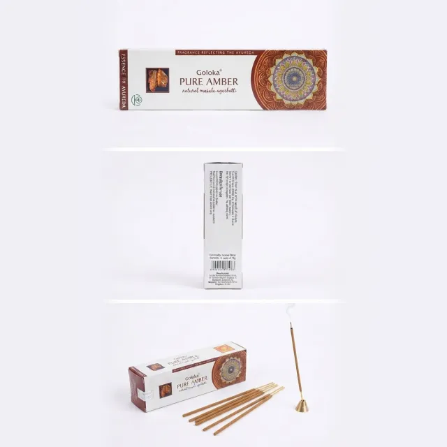 Goloka Pure Amber Wierook – 15g – Natuurlijke Masala Agarbatti – Ayurvedische Geurstokjes – Voor Ontspanning en Meditatie Natuurlijke Masala Agarbatti Met Kajal Sticker bruin