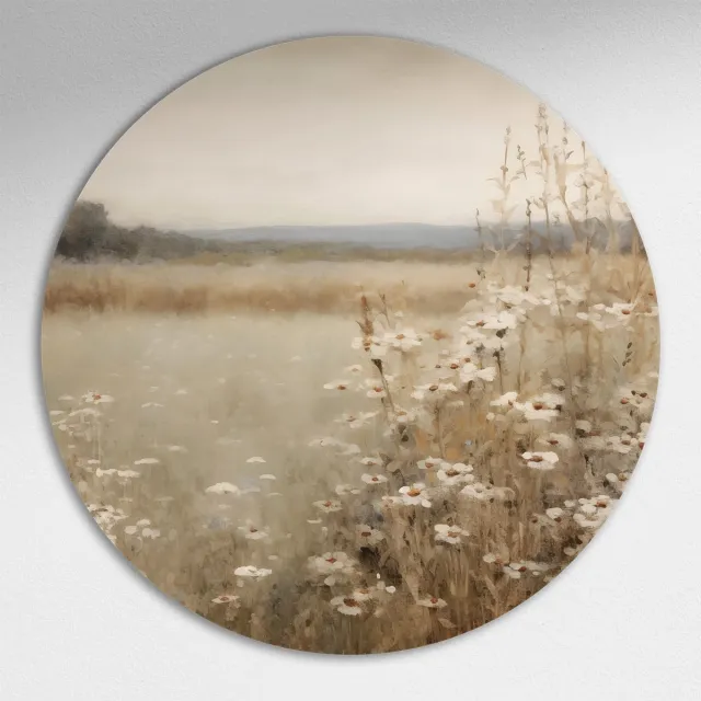 Sereen Bloemrijk Landschap Muurcirkel - Luxe Muurcirkel 140x140 cm op Dibond - Sfeervolle Wanddecoratie voor Woonkamer & Slaapkamer Multicolor