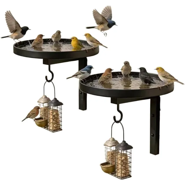 KZQ Robuuste Metalen Muurvogelvoederbak En Vogelbad Met Haak Zwart Rustiek Voor Tuin Terras En Balkon