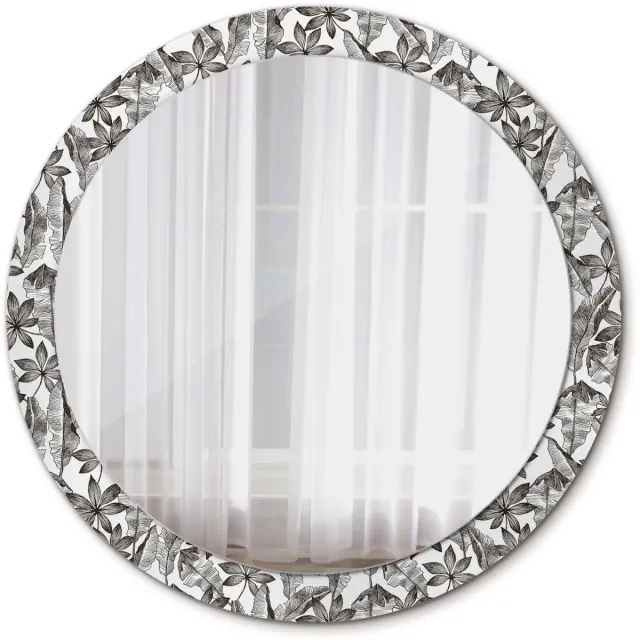 TULUP Spiegel - Spiegel op gehard Glas - Ronde Spiegel - Tropische bladeren - Diameter: 90 cm - Design Spiegel - Decor voor woonkamer - Spiegel voor hal of entree - Zwart-Witte - Luxe Spiegel - Industrieel Spiegel - Montageset Zwart-wit Tropische bladeren