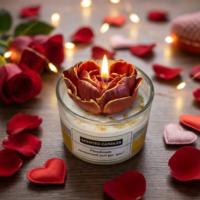 Kiki Cadeautjes Valentijnsgeurkaars van sojawas met echte roos – Handgemaakte romantische kaars – Luxe Valentijn cadeau voor haar_ Kiki Cadeautjes Rood,gouden rand,wit