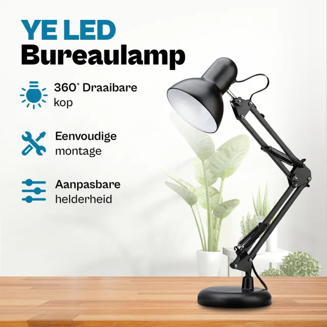 Ye LED Bureaulamp - Buigbare Arm - 360° Draaibare Lampenkap - Klemhouder - Ideaal voor Hobbywerk, Diamond Painting, Borduren & Solderen Zwart