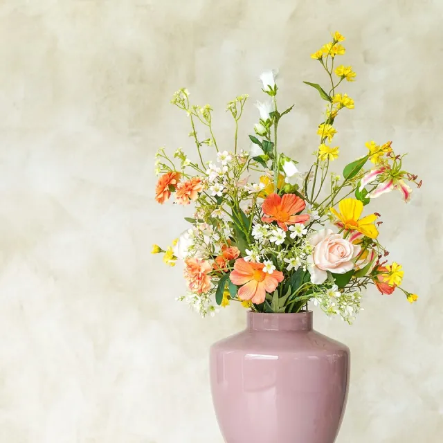 Fan of Flowers Boeket Fio met Vaas Rosa S – Zijden Boeket met Vaas - Kunstbloemen Veldboeket Inclusief Roze Vaas - 70 cm - Real-Touch Nepbloemen in Vaas