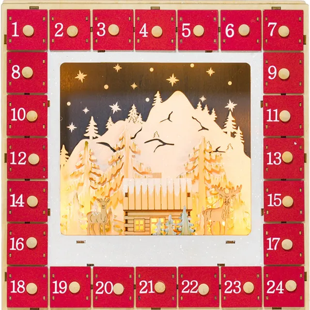 ECTEATOY Adventskalender met LED - 24 Lades om te Vullen - Rood - Houten - 34x34cm