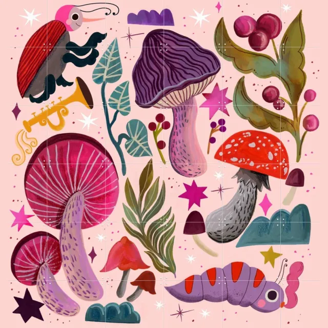 IXXI Mushroom Forest, Lena Addink - 120 x 120 cm - Grote wanddecoratie en posters - Grafisch Ontwerp, Speels, Illustraties, Digitale Kunst Roze