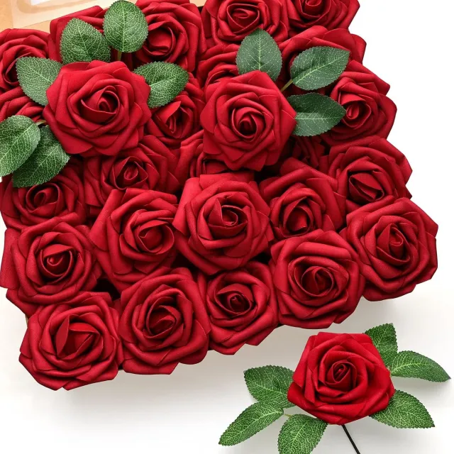 Famanu 50 Stuks rode rozen kunstbloemen - donkerrode rozen echt aanraakschuim neprozen bulk met stam doe - het - zelf ambachtelijke bloemen voor bruiloft bruidsboeketten centerpieces arrangement feest Donkerrood