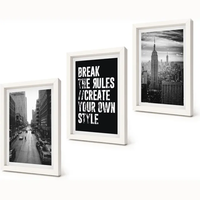 Coloray 3-Delige Schilderij Set - Stadsstraten in zwart-wit met inspirerende letters - 20x30 - Wanddecoratie - Muurdecoratie - Woonkamer Witte lijst