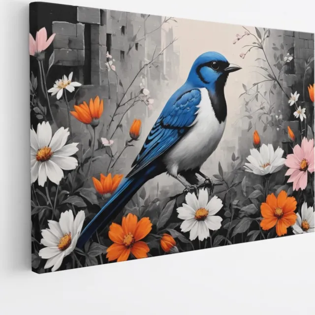 Saammp Canvas Schilderij - Blauwe Kolibrie - Natuur - Dieren- 90x60 - Foto op canvas - Wanddecoratie - Muurdecoratie Woonkamer - Slaapkamer decoratie - Canvas Print Multicolor