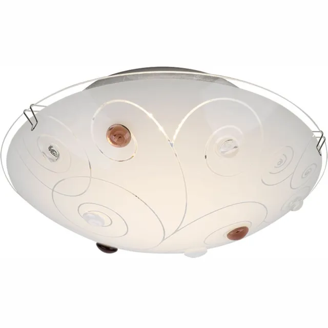 Globo Lighting Plafondlamp glazen kap plafondlamp 1-vlam woonkamerverlichting opaal met decoratieve stenen, metalen chromen lijnen, 1x LED 8 watt 640 lm, D 25 cm Wit