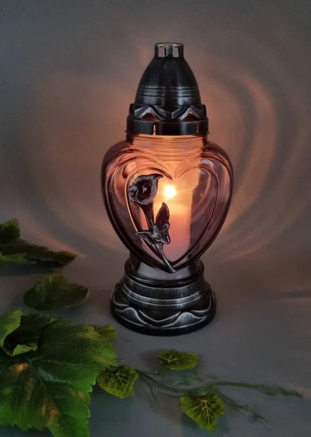 Herdenkingslichtjes Herdenkingslicht - P39 - Zilver - Grijs glas - Calla - Grafkaars – Graflicht – Graflantaarn – Grafdecoratie - Windlicht Grijs / Zilver