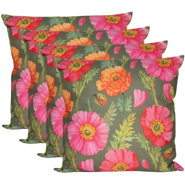 Anna's Collection Sierkussen voor binnen en buiten - 4x - klaprozen bloemen - groen/roze - 60 x 60 cm - tuinkussens