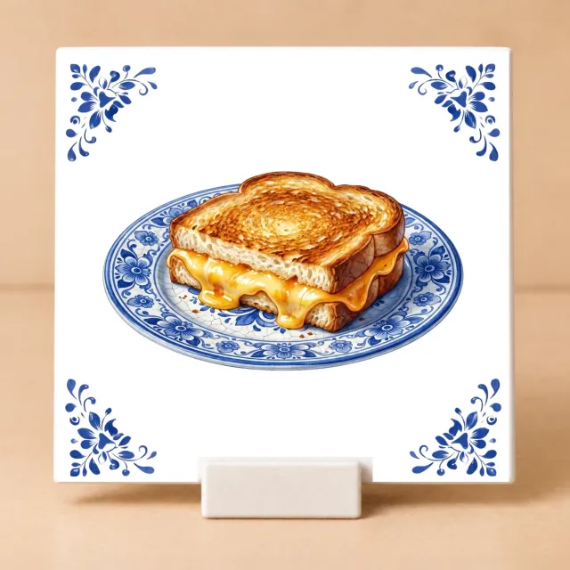 Bedruk King Delftsblauw Tegeltje 11x11 Tosti met Houdertje – Cadeau voor Kaasliefhebber of Lunchfan Wit