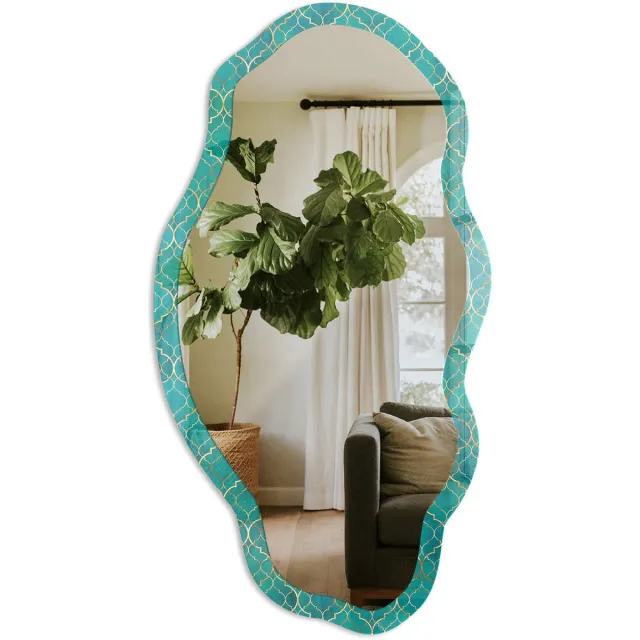 TULUP Oosterse Mozaïek Spiegel - Turkoois Strakke Rechthoekige Spiegel - Organische Spiegel - Badkamer, Woonkamer, Slaapkamer - Geometrisch - 45x90 cm - Totale afmeting 52x97 cm Oosterse Mozaïek, Turkoois