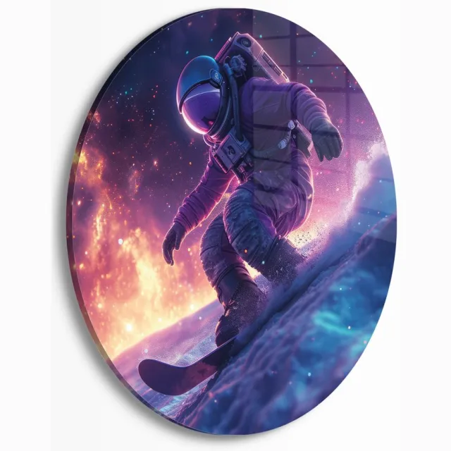 Myfinto Indoorart - Muurcirkel Snowboarding Astronaut Plexiglas 40 cm - Wanddecoratie - Afbeelding op Plexiglas - Inclusief ophangplaat zwart, roze, paars, blauw