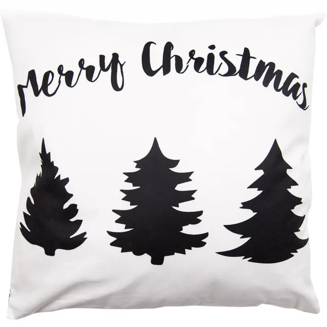 Clayre & Eef Kussenhoes 45x45 cm Wit Zwart Polyester Vierkant Kerstboom Merry Christmas Sierkussenhoes