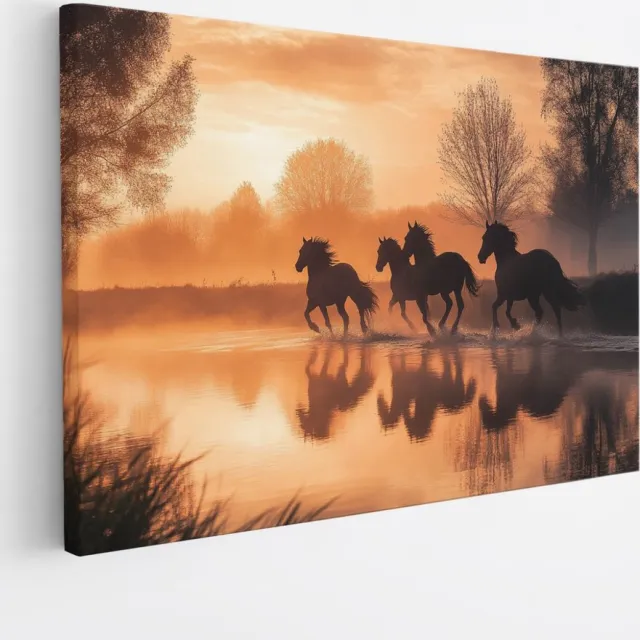 Saammp Canvas Schilderij - Paarden in zonsondergang - Natuur - Dieren - 30x20 - Foto op canvas - Wanddecoratie - Muurdecoratie Woonkamer - Slaapkamer decoratie - Canvas Print Multicolor
