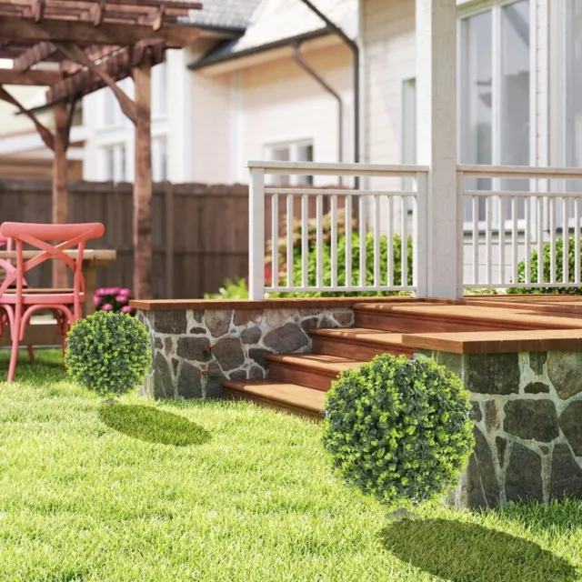 MEUNIQ kunstplant buxusbol set van 2 Ø40 x 56 cm met grondpen, UV-bestendig, voor binnen & buiten, groene kunstplanten voor tuin, terras, veranda of interieur