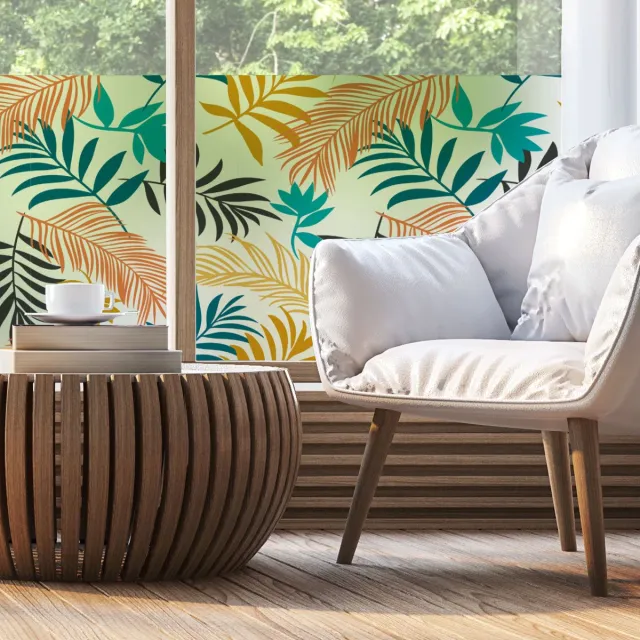 Ambiance Sticker Privacy raamfolie - Kleurrijke palmbladeren - Stickers voor ramen en douchedeuren - 40x200cm blauw