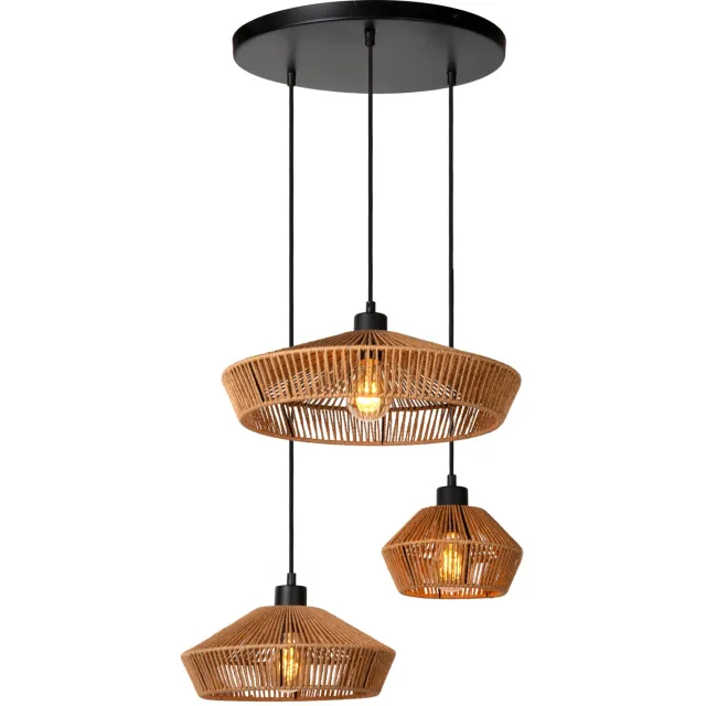 Lucide YUNKAI - Hanglamp - Ø 60 cm - 3xE27 - Licht hout Licht hout, Zwart