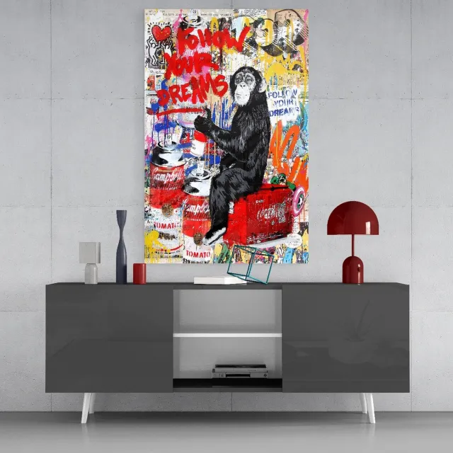 Insigne Art Glasschilderij Graffiti - Aap - Dieren - 72x46 cm Kleurrijk