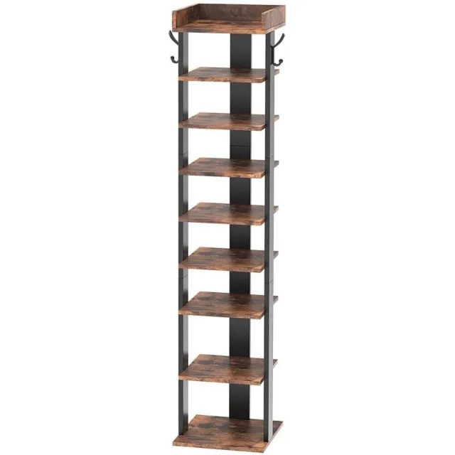 Zoranta Smal schoenenrek 9-laags, Houten schoenenkast met 2 haken, Verticaal opberger voor entree, Industrieel bruin/zwart