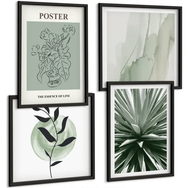 Coloray 4-Delige Schilderij Set - Plantenpatronen In Tinten Groen En Beige - 40 x 40 cm En 40 x 60 cm - Muurdecoratie - Wanddecoratie - Slaapkamer - Moderne Wanddecoratie Zwarte lijst