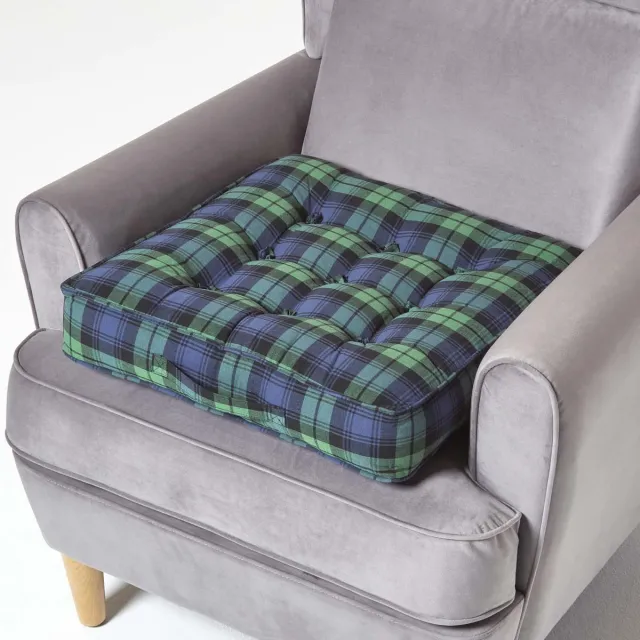 Homescapes Zitkussen tartan blauwgroen, 50 x 50 cm – fauteuilkussen met katoenen hoes