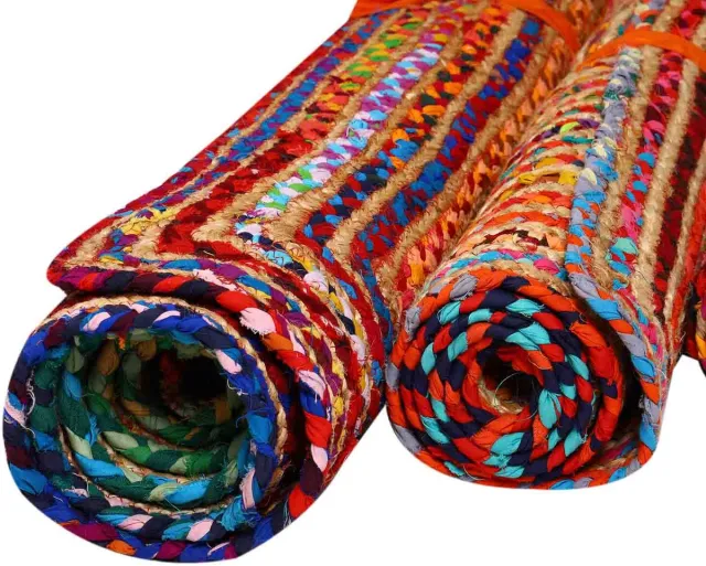 Casa Moro Rechthoekig jute vloerkleed – Handgemaakt boho tapijt van jute en katoen – Beige/bruin en kleurrijk – Esha