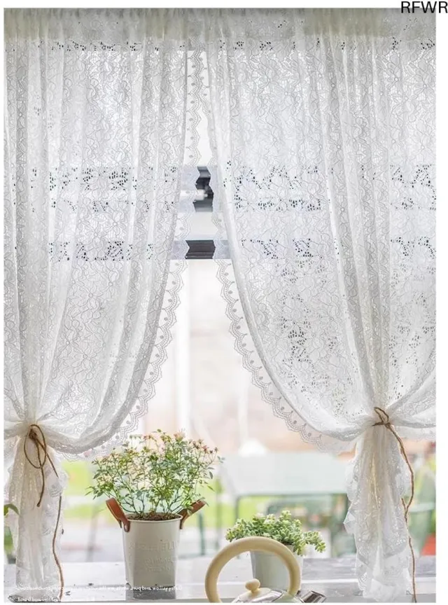 RFWR Doorsche透neck gordijn met bloemenpatroon in landhuisstijl - 145x140cm Wit met plooiband