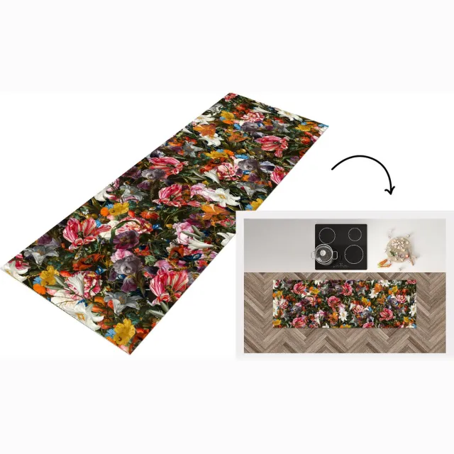 KitchenYeah Keukenloper - Loper keuken - Bloemen - Vlinder - Patroon - 180x60 cm - Keukenloper vinyl Multicolor