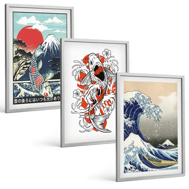 TULUP 4-Delige Schilderij Set - Illustraties van de Visbergen en de Grote Golf voor de kust van Kanagawa in Japanse stijl. - 40 x 60 cm - Decoratieve Schilderijen - Wanddecoratie - Hal - Muurdecoratie Zilveren lijst
