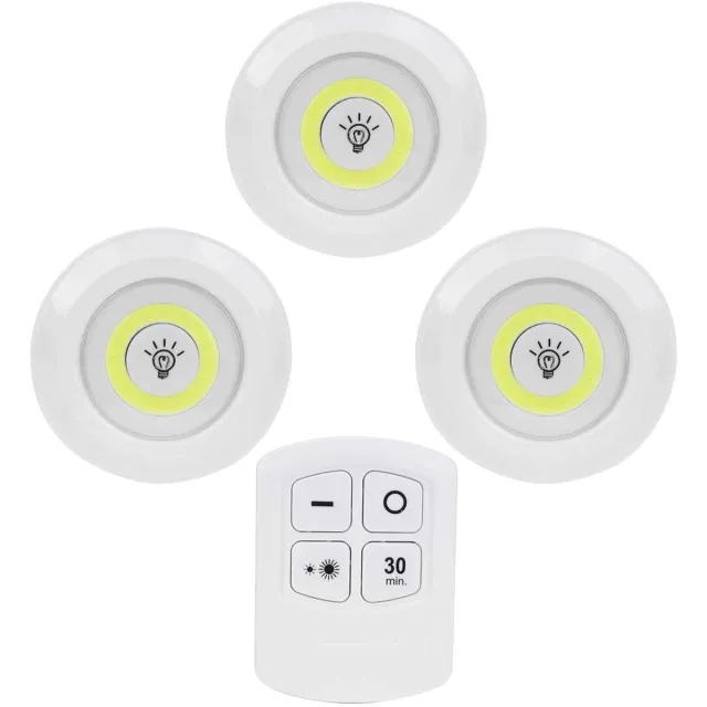 oneay Ronde LED-lampjes (3 stuks) – Draadloos, op batterijen, met afstandsbediening voor dimmen en timerfunctie; geschikt voor kasten, kledingkasten, keukens en slaapkamers. Wit