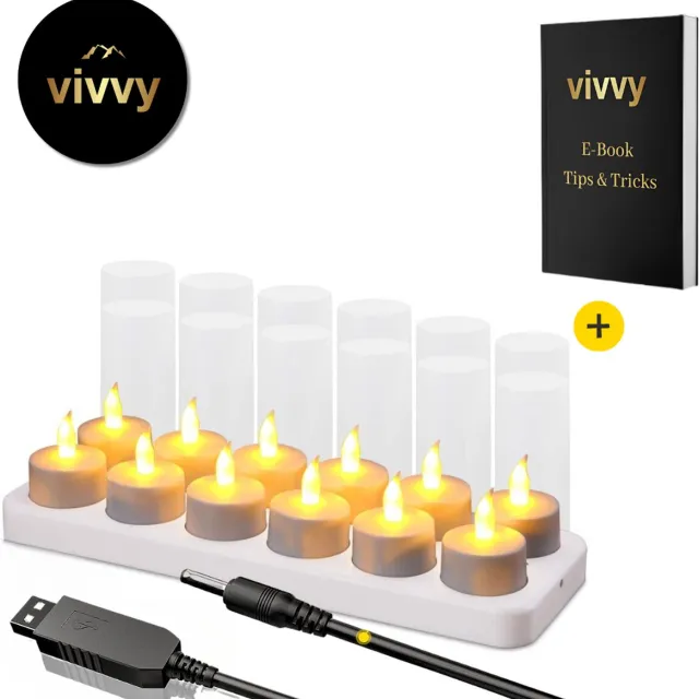 Vivvy Oplaadbare Kaarsen Multifunctioneel - Oplaadbare Waxinelichtjes Voor Gezelligheid - Oplaadbare Theelichtjes - 100% Relax Garantie - 12 Stuks - Incl. Oplaadstation Wit